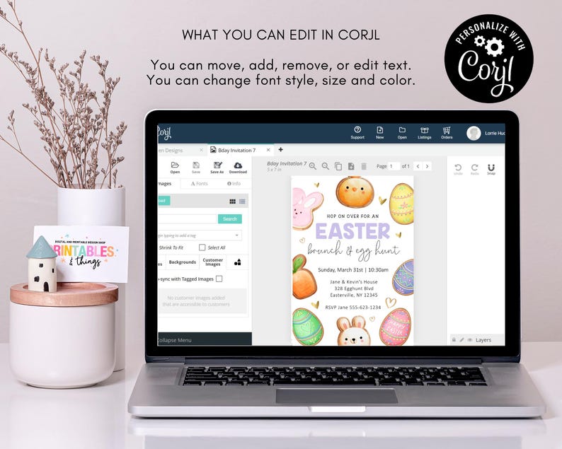 May include: A digital invitation for an Easter brunch and egg hunt. The invitation features a purple background with a watercolor illustration of Easter eggs, bunnies, and a peach. The text reads "Hop on over for an Easter brunch & egg hunt" with the date, time, and location listed below.