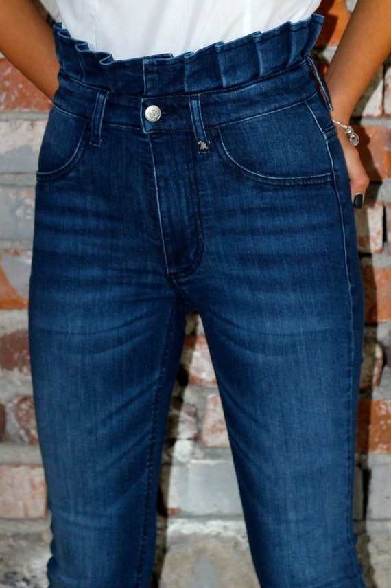 High Waist Jeans Blue Denim Cotton And Lycra Slim Fit Etsy