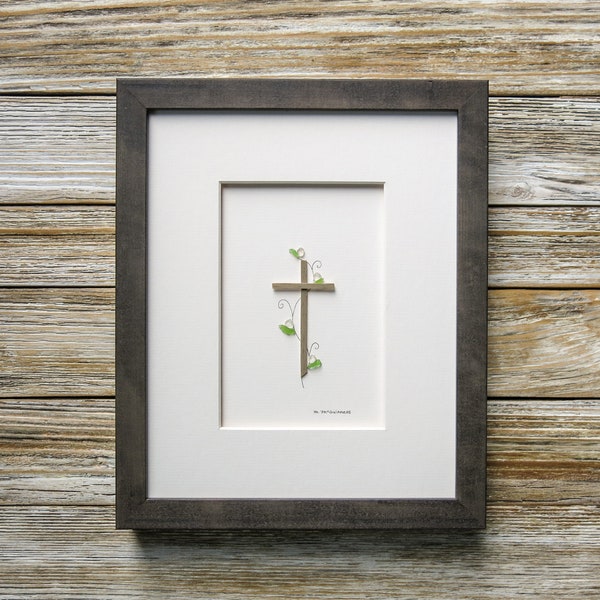 Sea Glass Art Cross with a Flower Vine,Christian Decor,Religious Decor,Inspirational Gift,Christian Gift,Religious Gift,Original Design!
