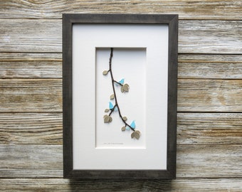 Sea Glass Art Blue Birds on a Flower Branch,Family of Three,Family Gift,Gifts for Familiy,Birds,Spring Decor,Unique Gifts,Framed,Original!