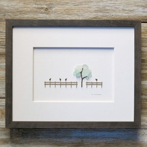 Sea Glass Art: Birds on Fence, Framed Pebble Art, Maine Artist