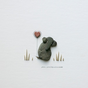 Pebble Art Elephant with Heart: Original Framed Stone Art