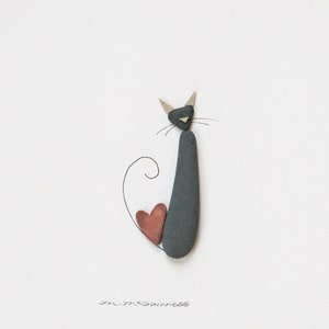 Pebble Art Cat with Heart: Original Framed Stone Art