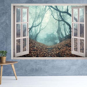 Forest Fall Season View Window 3D Wall Decal Art Removable Wallpaper Autumn Woods Mural Sticker Vinyl Home Decor