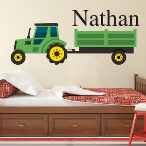 Personalized Name Wall Decal - Green Farm Tractor Wall Art - Kids Bedroom Tractor Wall Decor
