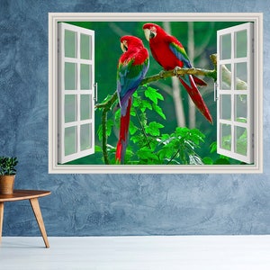 Macaw View Window 3D Wall Decal Art Removable Wallpaper Tropical Animal Mural Sticker Vinyl Home Decor