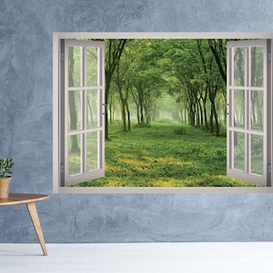 Green Forest Woods View Window 3D Wall Decal Art Removable Wallpaper Mural Sticker Vinyl Home Decor