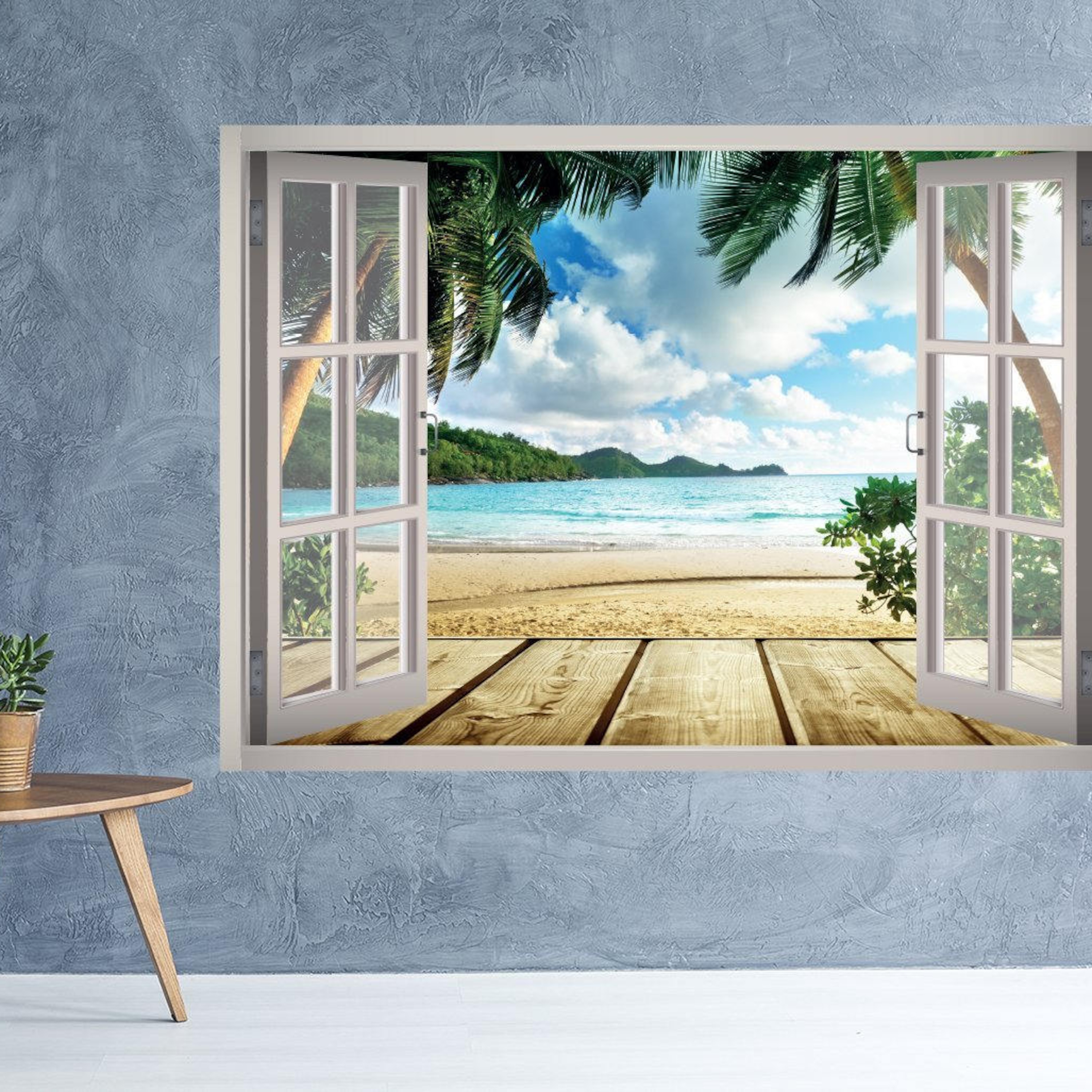 Caribbean Beach Tropical View Window 3D Wall Decal Art Removable Wallpaper Mural Sticker Vinyl Home Decor