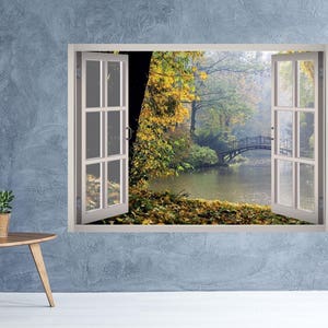 Rainy Nature Lake Window 3D Wall Decal Art Removable Wallpaper Autumn Lake Mural Sticker Vinyl Home Decor