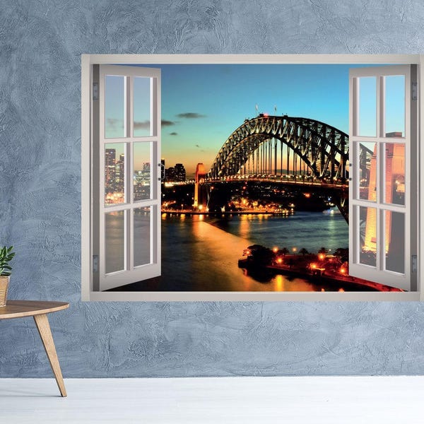 Sydney Harbour Bridge weergave venster 3D Wall Decal Art verwisselbare Wallpaper Sydney Harbour zonsondergang muurschildering Sticker Vinyl Decor van het huis