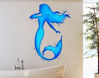 Mermaid Wall Decal - Ocean Mermaid Wall Art Watercolors - Bathroom Wall Decal - Beach House Vinyl Wall Sticker