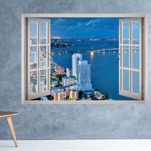 Miami Beach View Wall Decal - Miami Skyline Wall Art - Miami Beach 3D Window Wall Decal - City Landscape Window Frame Wall Decor