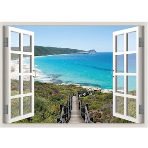 Malibu Bay Beach House View Window 3D Wall Decal Art Removable Wallpaper Beach Wall Mural Sticker Decor