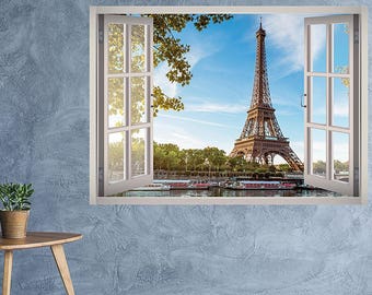 Eiffel Tower Paris View Window 3D Wall Decal Art Removable Paris Wall Art Wallpaper Mural Sticker Vinyl Home Decor