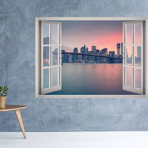 Brooklyn Bridge Sunset View Window 3D Wall Decal Art Removable New York City Skyline Wallpaper Mural Sticker Vinyl Home Decor