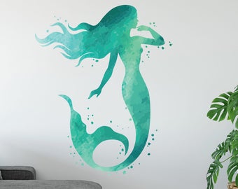 Mermaid Wall Decal - Ocean Mermaid Wall Art Watercolors - Bedroom Wall Decor - Mermaid Vinyl Wall Sticker