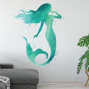 Mermaid Wall Decal - Ocean Mermaid Wall Art Watercolors - Bedroom Wall Decor - Mermaid Vinyl Wall Sticker