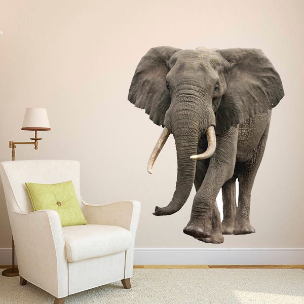 Elephant Wild African Safari Wall Decal - Elephant Wall Mural 3D Realistic Elephant Wall Art - Bedroom Living Room Home Vinyl Wall Decor