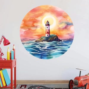 Lighthouse Wall Decal, Watercolor Lighthouse Wall Art Decor, Beach House Decor Wall Sticker, Bedroom Home Decor