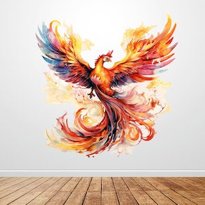 May include: A watercolor painting of a phoenix rising from flames. The phoenix is depicted in shades of orange, red, and yellow, with a long, flowing tail.