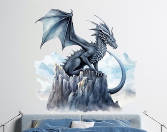 May include: A blue dragon with a long tail sits on a rocky mountaintop. The dragon has a long, pointed snout and large, sharp claws. The mountain is covered in a light blue mist.