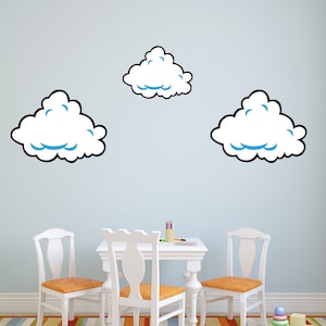 May include: Three white cartoon clouds with blue outlines are on a light blue wall. The clouds are different sizes and are arranged in a triangular pattern. There are two white chairs and a white table with a white tabletop in the foreground.