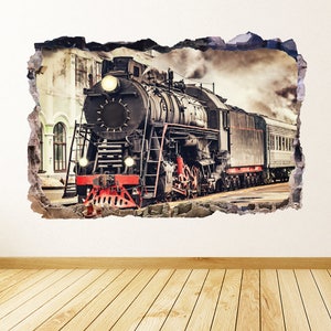 Old Train Wall Decal 3D Smashed Wall Art Vintage Train Wall Sticker Kids Bedroom Decor