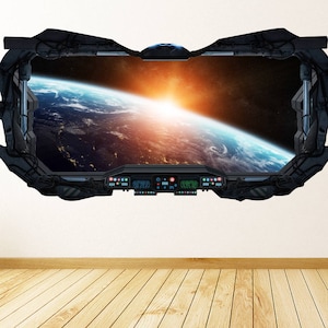 Earth View 3D Spaceship Window Wall Decal - Earth View From Space Wall Art - Peel & Stick Removable and Repositionable
