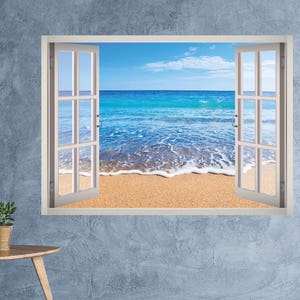 Beach Shore Wall Decal - Beach Sand Tropical Wall Art - Shore 3D Window Wall Decal - Beach Landscape Window Frame Wall Decor