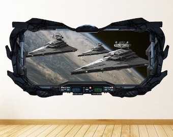 May include: A black spaceship window decal with a view of three star destroyers flying through space. The decal is designed to look like a window into another world.