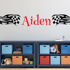 Racing Flags Flame Wall Art Kids Boys Bedroom Vinyl Wall Decor Personalized Racing Name Wall Decal