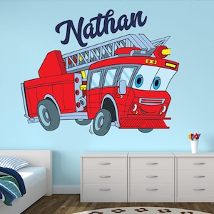 Personalized Name Wall Decal - Firetruck Wall Art - Kids Room Wall Decor - Fire Truck Decal - Fireman Decal Firefighter Vinyl Wall Decal