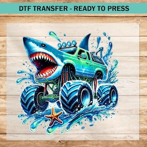Monster Truck Shark DTF Transfer, Watercolor Shark DTF Transfers Ready to Press for Apparel, Monster Truck Heat Press T-shirts for Kids