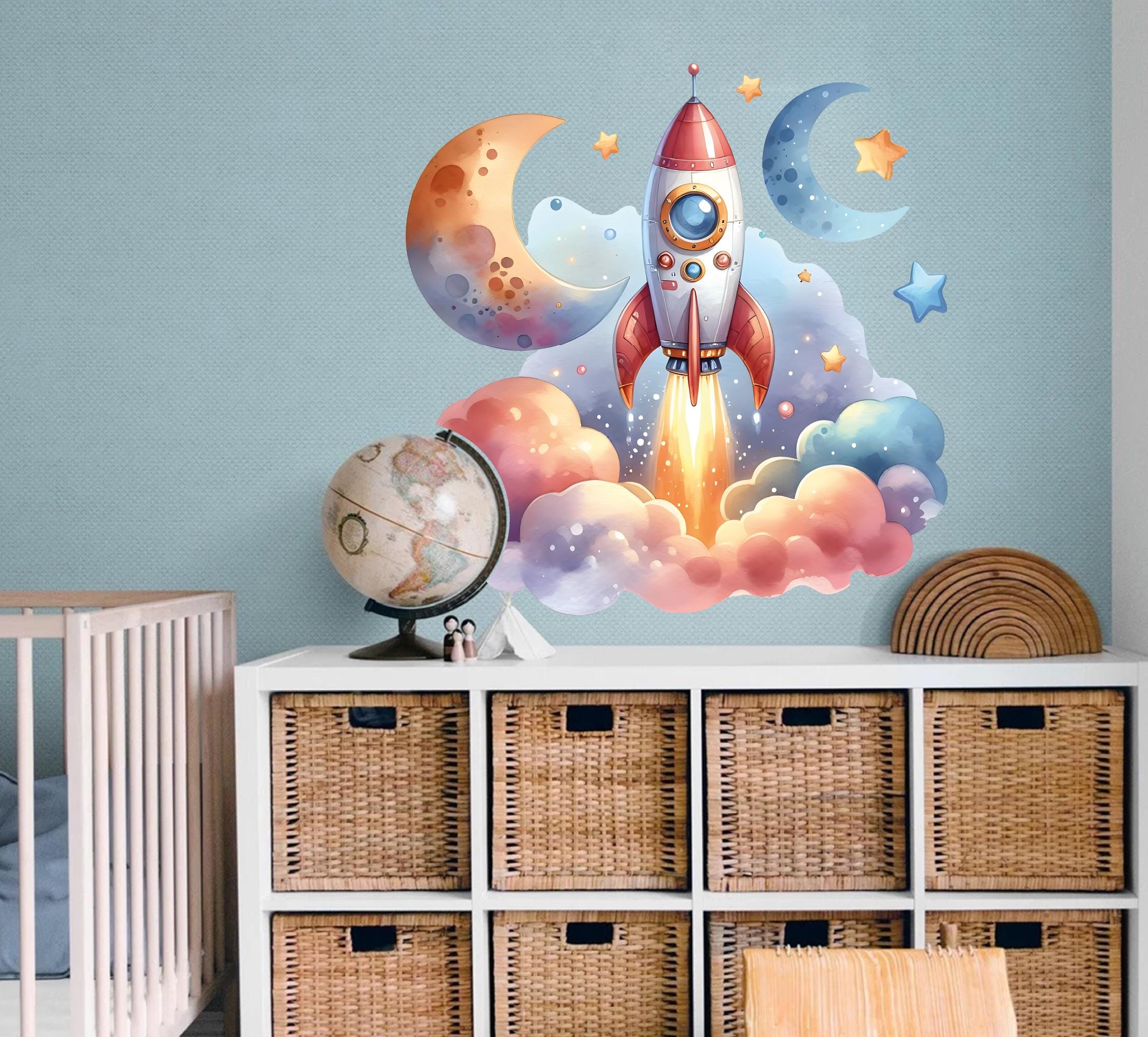 Rocket Space Wall Decal - Watercolor Outer Space Wall Decor - Baby ...