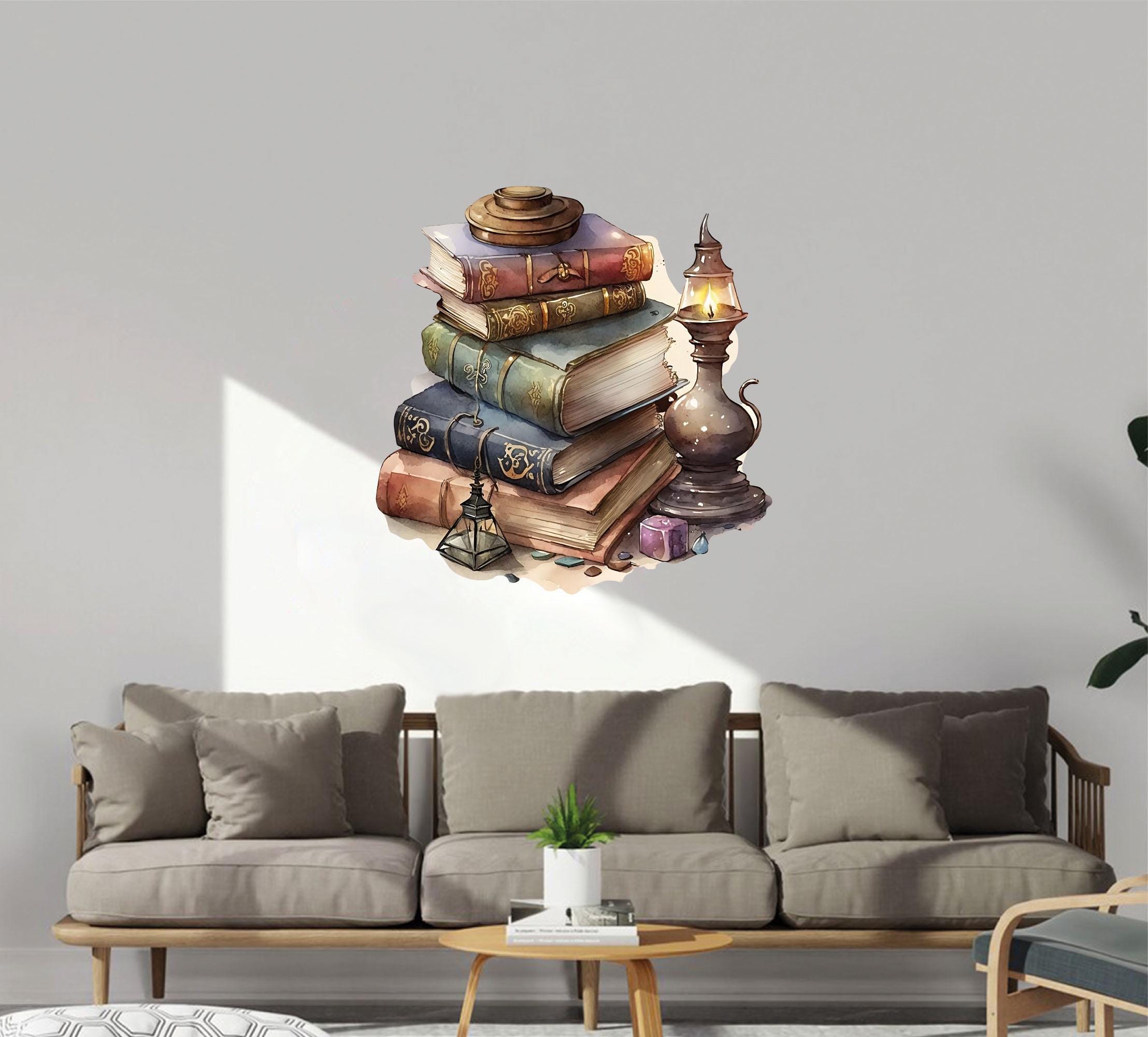 Old Books Wall Decal - Magic Library Theme Wall Decor - Vintage Pile of ...