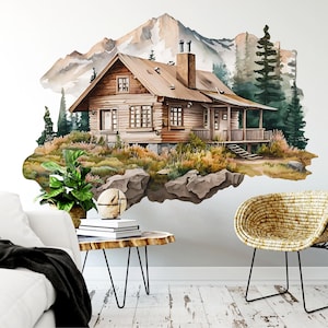 May include: A watercolor illustration of a wooden cabin in the mountains. The cabin has a brown roof, a porch, and a chimney. The mountains are in the background, and there are trees surrounding the cabin.