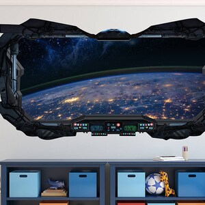 Earth Lights View 3D Spaceship Window Wall Decal - Lights From Earth ...