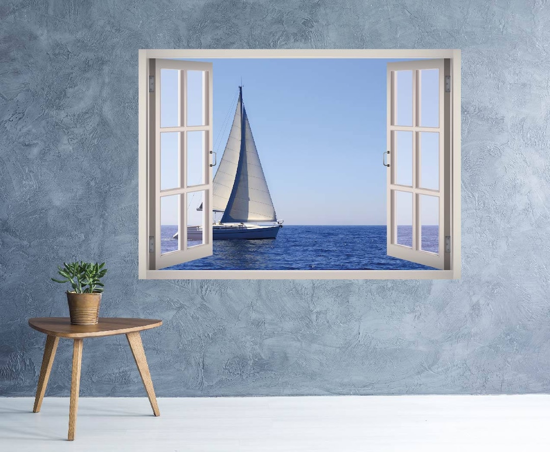 Ocean View Wall Decal Sail Boat Scene Wall Art Sticker 3D Window Wall