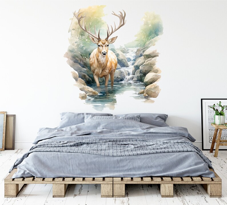 Deer Waterfall Wall Decal - Forest Theme Decor - Adorable Deer Wall Art ...