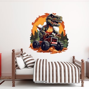 T Rex Monster Truck Wall Decal - Jurassic Dinosaur Wall Decor - Dinosaur T-rex Truck Wall Art - Playroom Kids Wall Decals