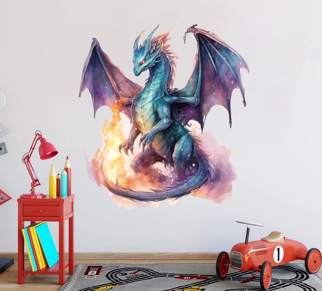Fire Dragon Wall Art Decal, Mystical Magical Watercolor Dragon Wall ...