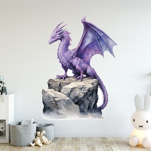 Dragon Wall Decal - Fantasy Theme Animal Wall Decor - Magical Purple Dragon Wall Art - Nursery Kids Room Bedroom Vinyl Wall Sticker