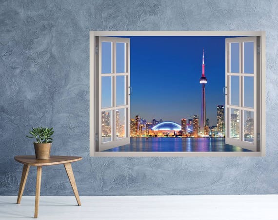Du centre-ville de Toronto Canada nuit vue fenêtre 3D Wall Sticker Art  amovible Wallpaper Toronto Skyline murale Sticker vinyle Home Decor -   France