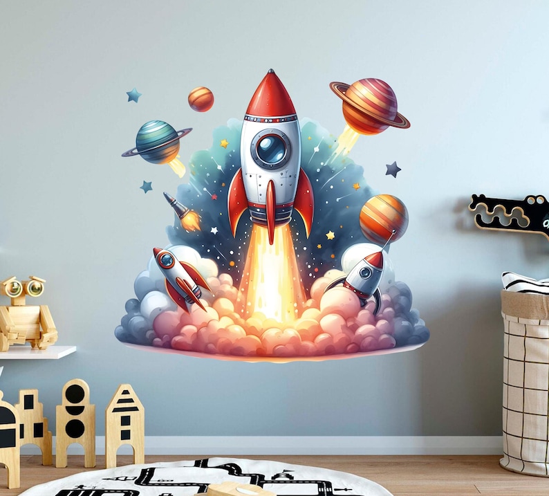Rocket Space Wall Sticker - Planets Outer Space Wall Decor - Watercolor ...