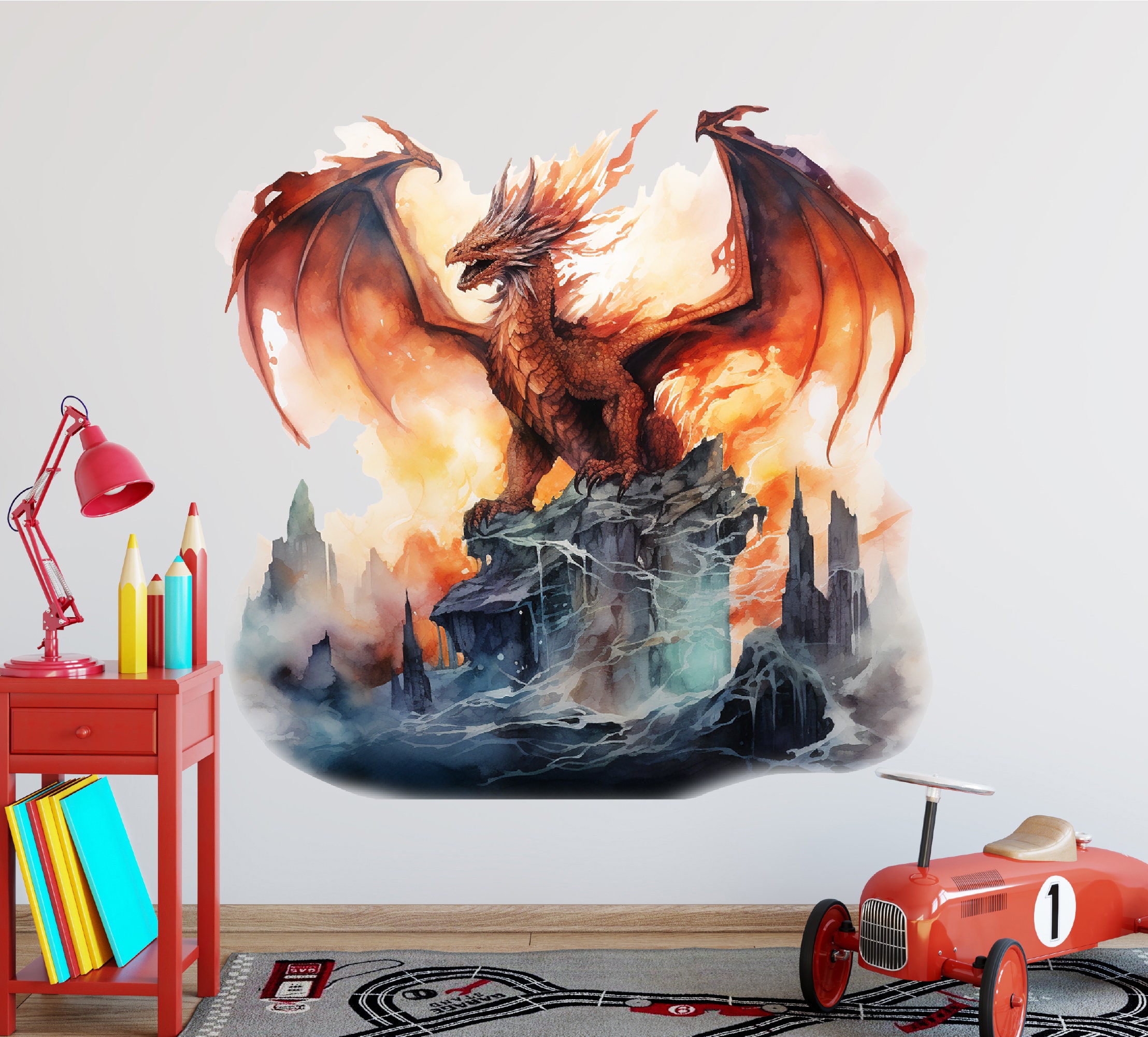 Fire Breathing Dragon Wall Decal - Magical Theme Wall Decor - Fantasy ...