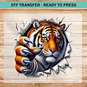 Transferência DTF de cabeça de tigre, transferências DTF de mascote de tigres prontas para prensagem para vestuário, camisetas de tigre de pata feroz irritada Tigers Football DTF print