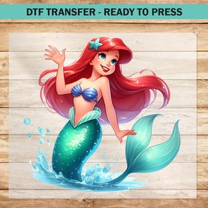 Meerjungfrau-DTF-Transfer, Cartoon-Meerjungfrau-DTF-Transfers bereit zum Pressen für Bekleidung, kleine Meerjungfrau-Heißpress-T-Shirts für Kinder