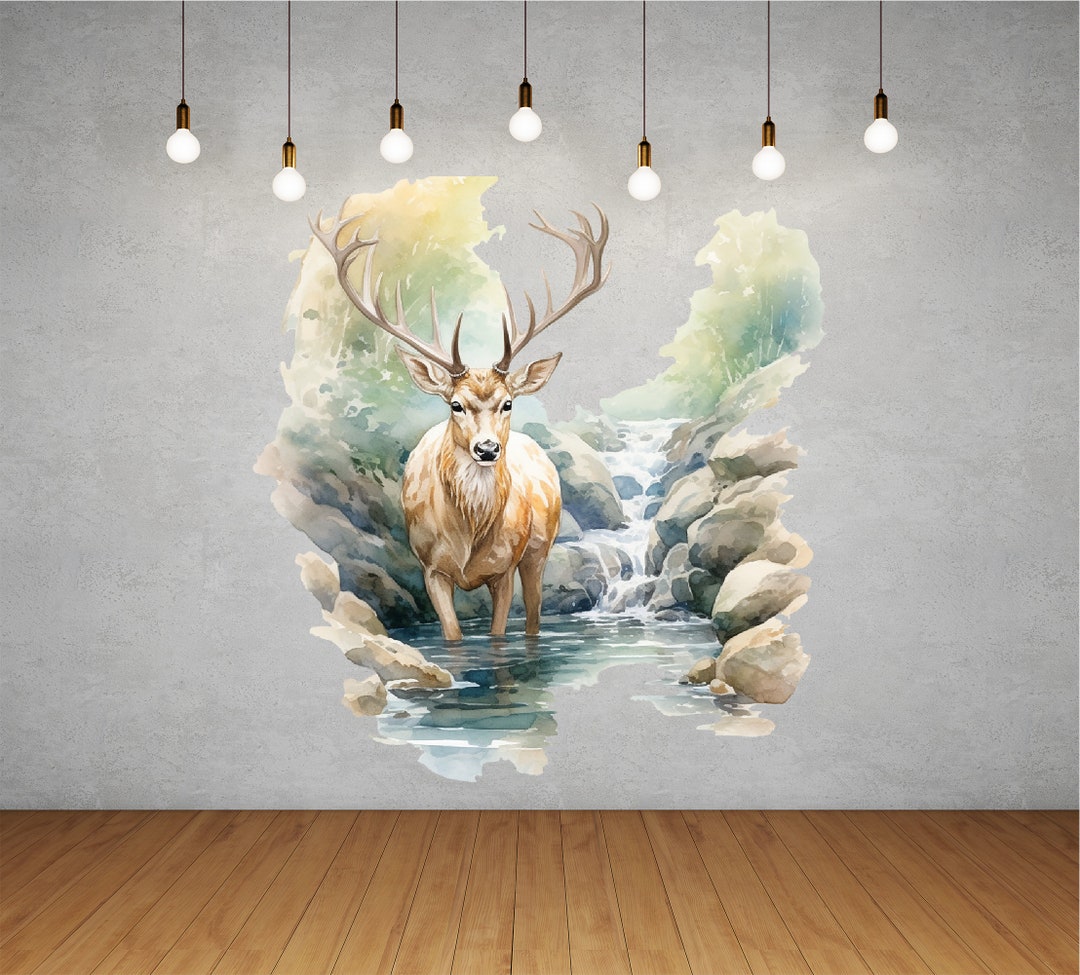Deer Waterfall Wall Decal - Forest Theme Decor - Adorable Deer Wall Art ...