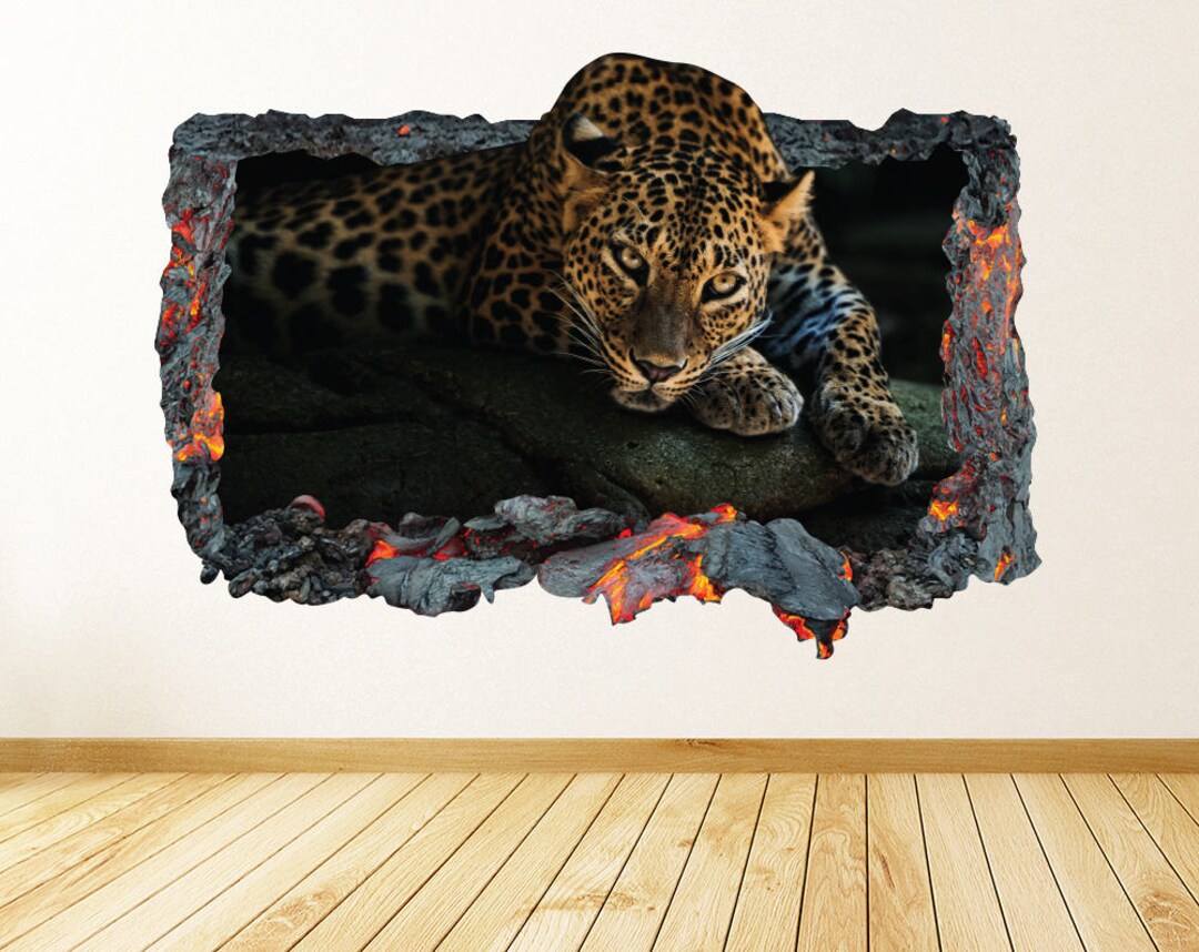 Leopard Wall Decal 3D Smashed Lava Fire Wall Art Leopard Wall Sticker ...