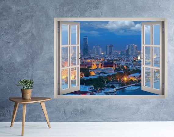 London City Night View Window 3d Wall Decal Art Removable Etsy